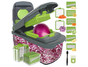 lot 5510 image: Ourokhome Food Chopper Manual Hand with Container, Mandolin Vegetable Slicer Onion Dicer with 8 Blades, Veggie Shredder for Potato, Tomato, Essential Kitchen Gadgets (8 in 1, Gray) (Base is warped)