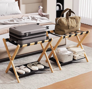 lot 5516 image: ONE 26.77 Luggage Rack for Guest Room, 1 Bamboo Foldable Suitcase Stand, Bedroom & Hotel, Folding Luggage Holder with 5 Nylon Straps, 600D Oxford Fabric Shelf Natural Wood