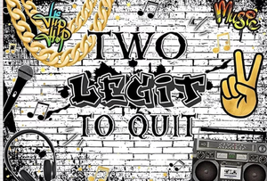 lot 5540 image: Two Legit to Quit Backdrop for Photography Boy 2nd Birthday Party Decoration Graffiti 80s 90s Happy Birthday Party Backdrop Black and Gold Hip Hop Retro White Brick Background (7X5FT)
