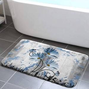 lot 5254 image: Rustic Farmhouse Bath Rug, Farm Blue Grey Daisy Floral Flowers and Butterfly on Country Wooden Bath Mat, Gray White Navy Blue Kitchen Rug Floor Mat Soft Non Slip Runner Carpet Indoor Doormat 19X31IN
