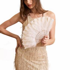 lot 5261 image: Happy Feather Embroidered Flower Marabou Feather Fan, 1920s Vintage Style Flapper Hand Fan for Costume Party Dancing-White