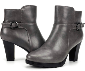 lot 5573 image: Mysoft Womens Zipper Booties Chunky Stacked Heel Ankle Boots Buckle Strap Ankle (Grey) Size 9