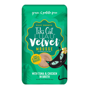 lot 5578 image: Pack of 4 Tiki Cat Luau Velvet Mousse Tuna & Chicken Complete & Balanced Wet Cat Food, 2.8 oz. (Exp. 10172024)