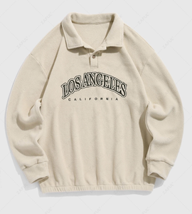 lot 5589 image: Mens Casual Polar Fleece Letter Embroidery Half Buttoned Long Sleeve Polo Collar Pullover Sweatshirt - Coffee Large