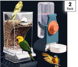 lot 5596 image: No Mess Bird Feeder Water Dispenser Set, Automatic Parrot Feeder Cage Accessories, Clear Parakeet Seed Container Food Drinker for Cage, Cockatiel Finch Lovebirds Budgies Canary (Blue)