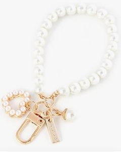 lot 5609 image: OFNONOT Pearl Keychain Wristlet, Imitation Pearl Chain with Gold Heart Charm, Car Key Pendant, pearl embellished chain 1PC