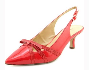 lot 5655 image: Karen Scott red patent slingback kitten heels feature a pointed toe and a delicate bow detail (Size 8M)