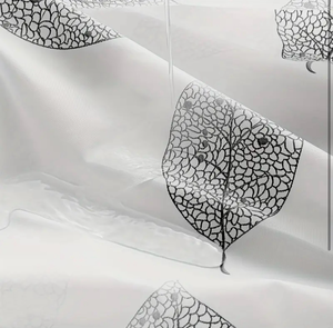 lot 5657 image: 12 Hook Plastic Shower Curtain- Black and White with Leaves