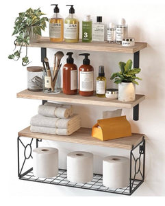 lot 5660 image: Amada Bathroom Shelves Over Toilet with Storage Basket, Floating Wall Shelf for Home Organization & Wall Decor, BathroomKitchenLiving Room Shelves - Natural Wood