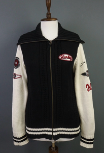 lot 5662 image: Vintage Harley Davidson Black Cable Knit Long Sleeve with Patches Cardigan Size XL (Few Stains on Sleeves)