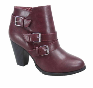 lot 5664 image: Womens Round Toe Faux Leather Strappy Buckles High Heel Ankle Booties (Size 9)