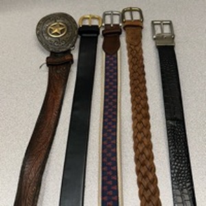 lot 5669 image: Two tone Rope & Barbed Wire Classic Impressions Lone Star Attitude Buckle and Belt- Black Genuine Bonded Leather Steve Harvey Belt- Brown Woven Genuine Leather Belt- 2 Extra Belts (Sizes shown in Pictures)