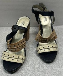 lot 5689 image: Ana A New Approach black and beige strappy sandal heels feature metallic studded detailing along the straps (Size 8 12)