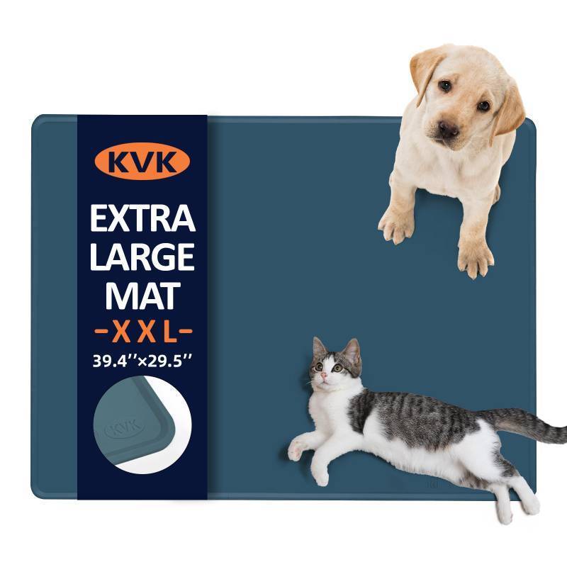 lot 3284 image: KVK Dog Food Mat, 39.4 x 29.5in Extra Large Silicone Pet Feeding Mat - Waterproof, Non - Slip, Chew - Resistant for Food & Water, Protect Floors (Royal Blue)