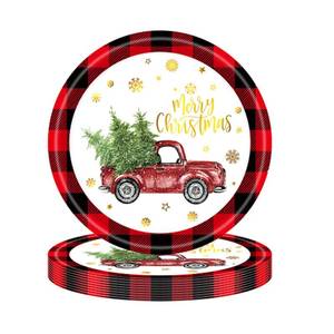 lot 954 image: Christmas Paper Plates Rustic Truck Red Black Plaid Border Printed Round Disposable Plates Dinnerware for Christmas Holiday Dinner Birthday Party Supplies (24 Pcs)