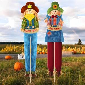 lot 962 image: Meonum 2 Pack Fall Harvest Scarecrow Decorations, Thanksgiving Standing Scarecrow for Autumn with Stakes, Rustic Outdoor Fall Yard Decoration for Home, Garden, Yard, Lawn, Porch Sign(150cm,Denim)