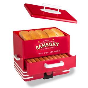lot 972 image: Nostalgia, Game Day Hot Dog Steamer and Bun Warmer, Fits 20 Dogs and 8 Buns, Steams Pot Stickers, Veggies, Potatoes, and Other Appetizers or Toppings