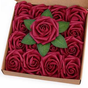 lot 974 image: BLEUM CADE 16Pcs Artificial Flowers Fake Roses with Stems, Burgundy Boxed Foam Roses for DIY Bouquets Centerpieces