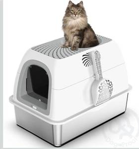 lot 4866 image: Stainless Steel Top Entry Litter Box with Dog-Proof, Hooded Stainless Steel Litter Box with Filter Lid & Scoop for Low Tracking, Enclosed Cat Litter Boxes for Anti-Leakage Metal Litter Pan