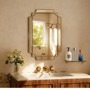 lot 4886 image: 30x20 Inch Gold Bathroom Mirror, Wooden Frame with Scalloped Polished Beveled Glass, Modern Art Wall Decor for Vanity, Irregular Rectangle Mirror for Bedroom, Living Room, Fireplace & Entryway
