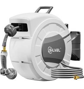 lot 4888 image: Retractable Garden Hose Reel, 12 x 100ft Wall Mount Heavy Duty Automatic Hose Reel with 10 Pattern Nozzle, Any Length Lock &amp Slow Return System, 180°Swivel Bracket Upgraded UV Resistant,Light Grey