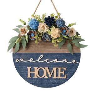 lot 4912 image: SpringSummer Welcome Sign for Front Door 16 Inch Round Wood Sign with Rice-Paper Plant Flowers Hanging for Farmhouse Porch Door Decoration (Blue)