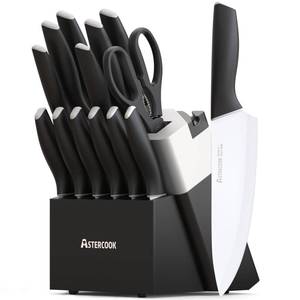 lot 4966 image: Astercook Knife Set, Kitchen Knives with Block and Sharpener 15 Pcs German Stainless Steel Knives Sharp Blade Dishwasher Safe Deba Knives with Ergonomic Handle, Elegant Black