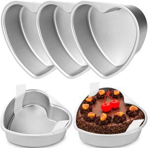lot 4968 image: 4 Set Heart Shaped Cake Pans with 100 Pcs Baking Paper Aluminum Alloy Nonstick Heart Lovely Fixed-Base Baking Molds for Birthday Valentines Day Wedding Party Kitchen Baking Desserts (6 inch)
