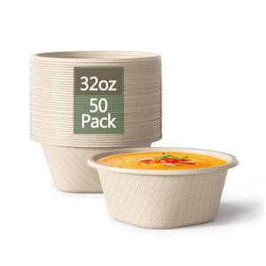 lot 5010 image: Homestockplus 32 Oz Deep Disposable Bowl, Paper Bowls Disposable Heavy Duty Compostable Bowls, Eco-friendly Sugarcane Bagasse Biodegradable Bowl for Soup, Salad, Dessert 50 Pack