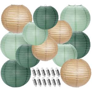 lot 5027 image: YUNXUAN Paper Lanterns Decorative, Sage Green Forest Tan Hanging Round Chinese Lanterns with Lights for Rustic Party Sage Green Birthday Party 12 LED Light Pack of 12