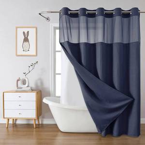 lot 5036 image: eachope Navy No Hook Waffle Weave Shower Curtain with snap-in Liner Replacement, 230GSM Waterproof Fabric Hotel Shower Curtain Set for Bathroom, Through Mesh Top Window,71Wx74H