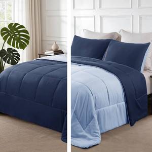 lot 5043 image: Exclusivo Mezcla Lightweight Reversible Queen Size Comforter Set, Down Alternative Comforter with 2 Pillow Sham, Queen Size Bedding Set for All Seasons, NavyBlue