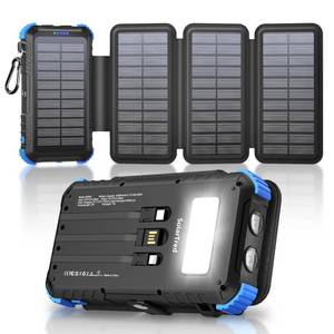 lot 5076 image: Solar Power Bank 45800mAh with 4 Panels, Portable Solar Charger with Build-in 3 Cables for iPhone, USB C inOutput 15W Fast Charging External Battery Pack with Flashlight & Camping Light