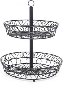 lot 5093 image: Fruit Basket with 2 Tier Design, 12 x 12 x 18 in Black Metal Wire , Home Kitchen Organization For Vegetables, Fruits and Bread - Gift