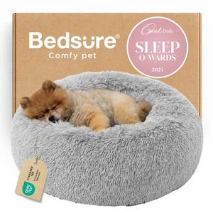 lot 5101 image: Bedsure Calming Dog Bed for Small Dogs - Donut Washable Small Pet Bed, 23 inches Anti-Slip Round Fluffy Plush Faux Fur Large Cat Bed, Fits up to 25 lbs Pets, Pale Grey
