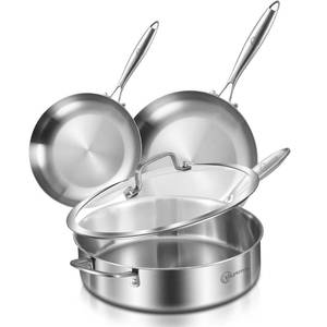 lot 5118 image: LOLYKITCH 8-10 Inch Tri-ply Stainless Steel Fry Pans and 6 QT Saut� Pan with Lid,Induction Cookware Set,Dishwasher and Oven Safe,Detachable Handle