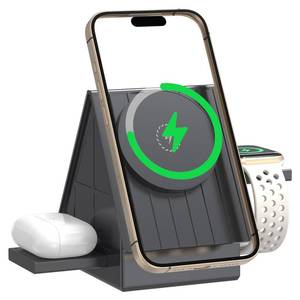 lot 5151 image: 3-in-1 Wireless Charging Station for Apple Devices, 15W Fast Charger Stand with Touch Night Light & Auto Pop-Up Dock for iPhone, Apple Watch & AirPods (Grey)