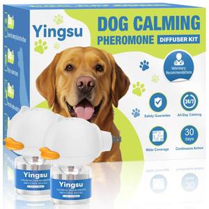 lot 5184 image: Yingsu Dog Calming Diffuser, 4 in 1 Puppy Pheromones Calming Diffuser, Relaxing Pheromone for Dogs Relief Stress Anxiety Reduce Aggression Barking, Help Train Dog to Pee, 2 Diffuser 2 Refill(48ml)