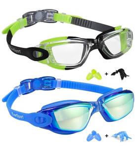 lot 5193 image: EverSport Kids Swim Goggles, Pack of 2 Swimming Goggles for Children Teens, Portable Anti-Fog Anti-UV Youth Swim Glasses Leak Proof for Age4-16, GreenBlack & Mirrored Blue