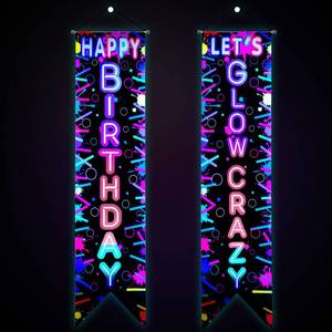 lot 5196 image: Tegeme 2 Pcs Glow Party Decorations Banner Neon Happy Birthday & Lets Crazy Porch Sign for Black Light, Glow in The Dark Door Banner for Birthday Rave Supplies Neon Theme Decor