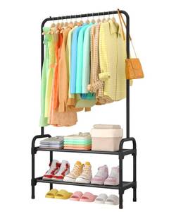 lot 5202 image: Sakugi Clothes Rack - Clothing Rack with 2-Tier Shoe Rack and Anti-Slip Stopper, Shoe Organizer for Entryway, Bedroom, or Laundry, Black, 29 x 12.2 x 59.3