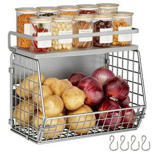 lot 5203 image: Clothink Wire Fruit Basket 2 IN 1 Magnetic & Hanging Wall Produce Basket with Spice Rack for Potato Onion Vegetable Storage for Pantry,Kitchen Countertop and Fridge Organizer
