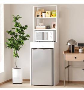 lot 16452 image: Freestanding Mini Fridge Cabinet with Storage �� Compact Microwave Oven Stand with Drawer & Shelves �� Space-Saving Bar or Kitchen Rack - Retail $189