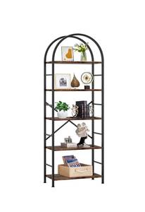 lot 16455 image: Shintenchi Bookshelf, Arched Bookshelf 5 Tier Bookcase, Tall Shelf for CDsBooks, Home Office Shelf Storage Organizer, Modern Book Shelf for BedroomLiving Room, Brown - Retail $85