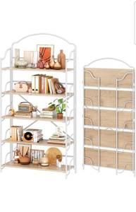 lot 16459 image: 4NM No Assembly Extra Wide Folding Bookshelf for Living Room, 5 Tiers Collapsible Book Shelves Open Industrial Foldable Bookcase Storage Shelf for Home Office - Cloud Oak - Retail $169