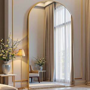 lot 16460 image: Arched Floor Mirror, 76 x 34 Full Length Mirror Wall Mirrors Hanging or Leaning Arched-Top Full Body Mirrors with Stand for Bedroom, Dressing Room, Gold - Retail $149