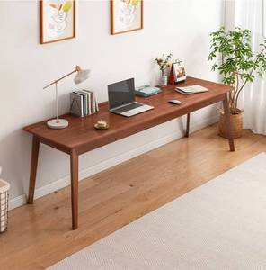 lot 16462 image: Mid-Century Long Desk Table - 63 Simple Modern Extra Long 2-Person Wood Computer Workstation for Home Office Work in Walnut, 63 W x 20 D - Retail $180