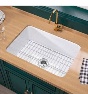 lot 16468 image: White Undermount Kitchen Sink 27 Inch - Topmount Fireclay Drop In Sink 27x19x10, Dual Mount Heavy Duty Deep Single Bowl, w 2 Accessories, Glossy White, for Kitchen & Laundry & Small Space - Retail $259