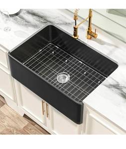 lot 16469 image: ��Miuara Black Farmhouse Sink 30 Inch - Apron Front Undermount Kitchen Sink 30x20x10, Farm House Style Deep Single Bowl, Heavy Duty Solid Fireclay, Matte Black, for Kitchen - Retail $389