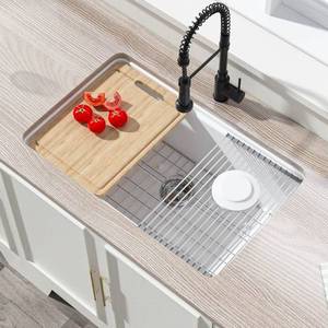 lot 16470 image: White Undermount Workstation Kitchen Sink 30 Inch - Topmount Fireclay Drop In Sink 30x19x10, Dual Mount Heavy Duty Deep Single Bowl, with 4 Custom Accessories, for Kitchen, Island - Retail $339